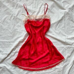 victoria’s secret red satin slip dress pink white floral lace & bows mini dress